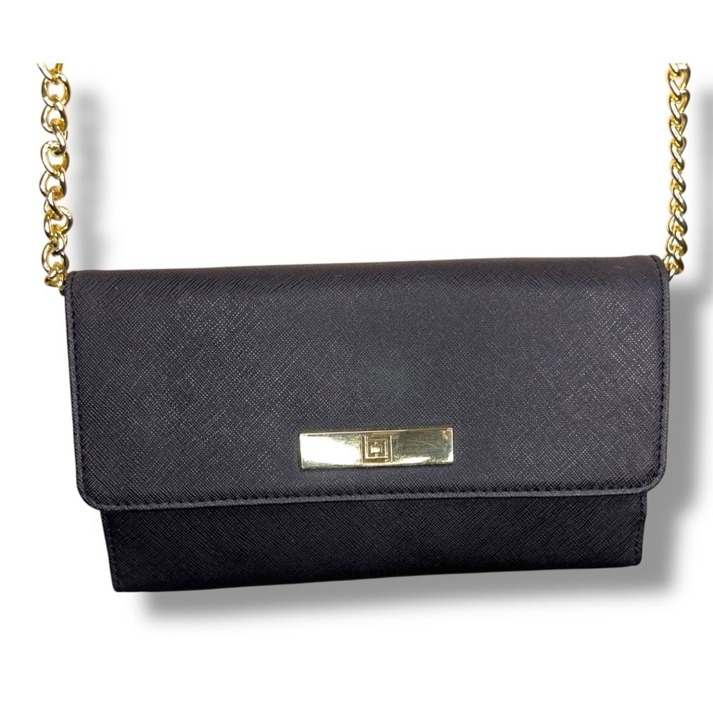 Liz Claiborne Black Faux Leather Purse Gold Chain Strap Crossbody Classic